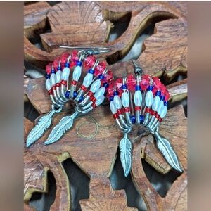 Vintage Handmade Ethnic Boho Beaded Native American Headdress Dangle Earrings